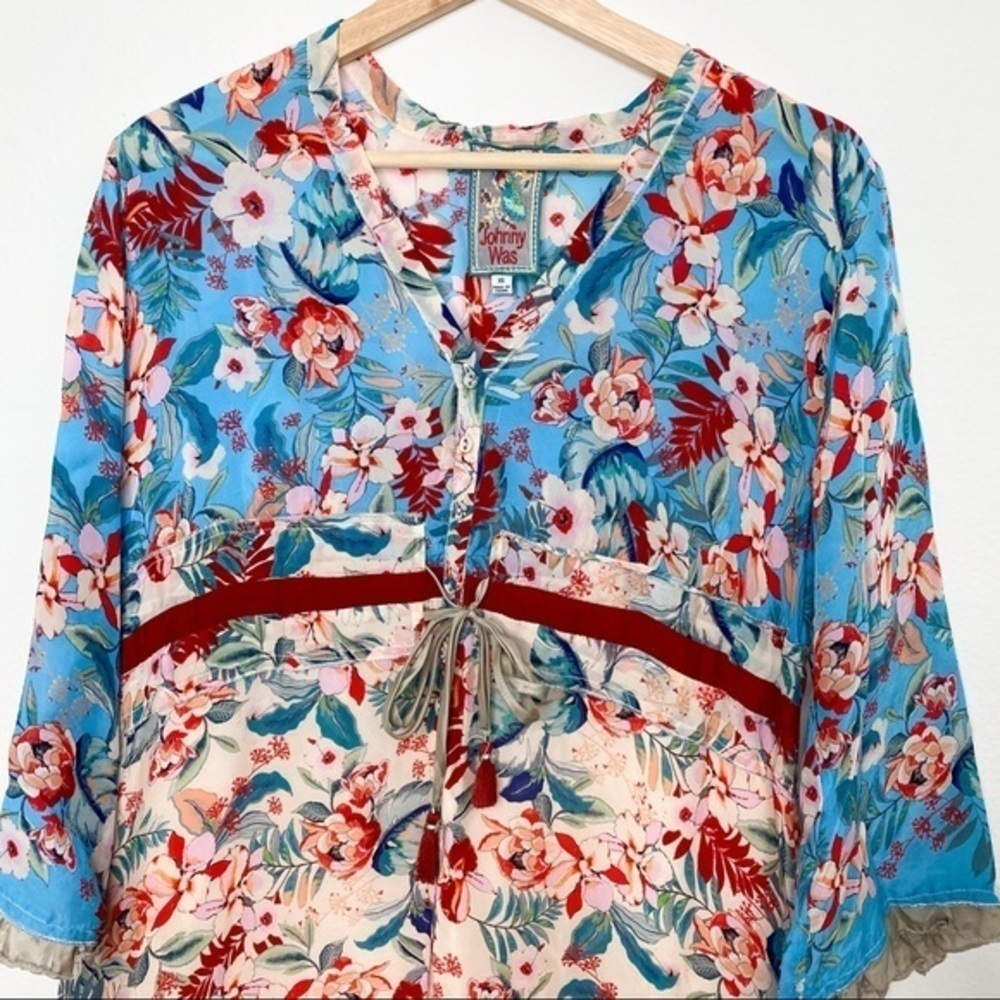 Johnny Was long sleeves floral adjustable waist tie button front closure dress - Picture 11 of 15